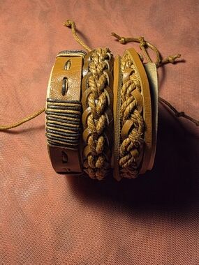 Set of Braided & Leather Rustic Tan Bracelets